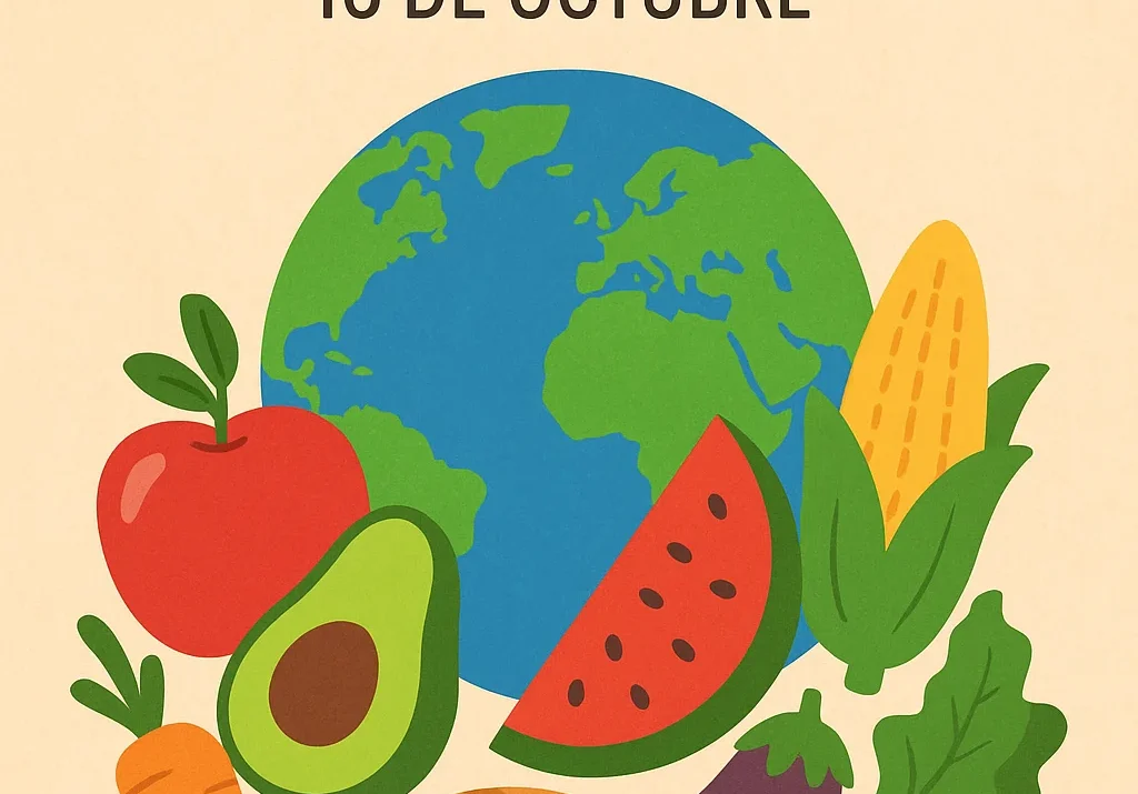Ilustración del Día Mundial de la Alimentación con frutas, verduras y el planeta Tierra, celebrando el 16 de octubre.