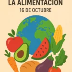 Ilustración del Día Mundial de la Alimentación con frutas, verduras y el planeta Tierra, celebrando el 16 de octubre.