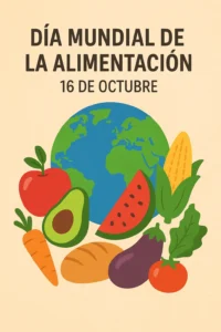 Ilustración del Día Mundial de la Alimentación con frutas, verduras y el planeta Tierra, celebrando el 16 de octubre.